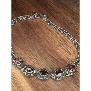 Vintage Sterling Silver Garnet And Marcasite Bracelet